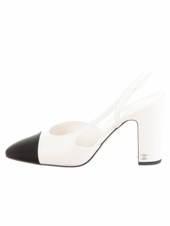 CHANEL Shoes - CHANEL White Leather Slingback Pump with Black Cap Toe